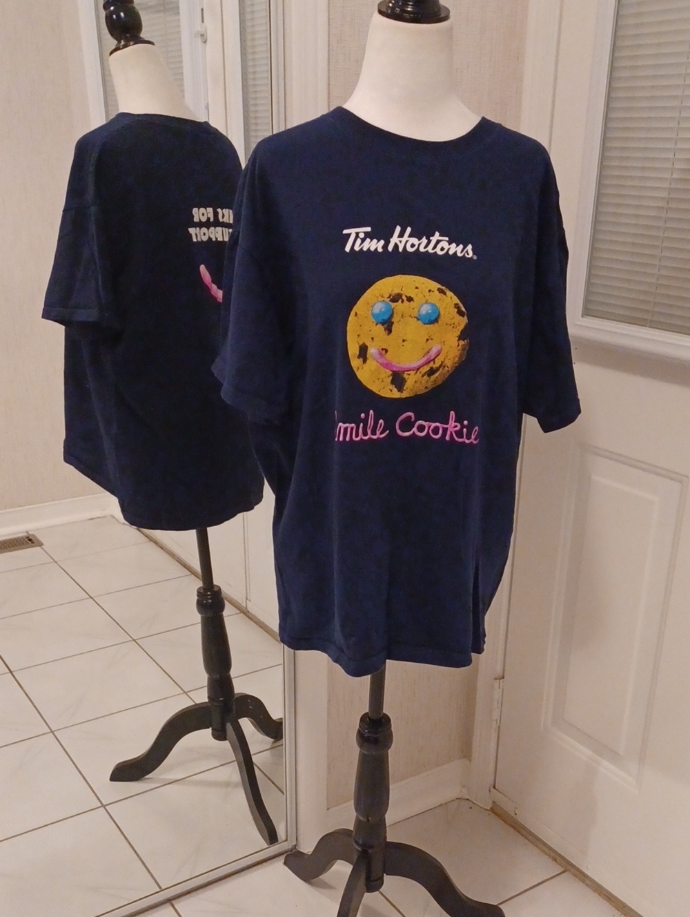 4/$40 Tim Hortons Navy Blue "Smile Cookie" Tee - Size Large